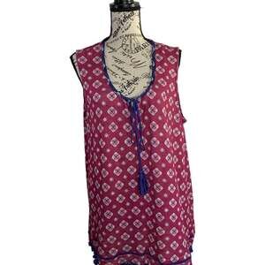 Boho Knit Blouse Women's 1X Sleeveless Tie-Neck Blue Tassels Purple Burgundy